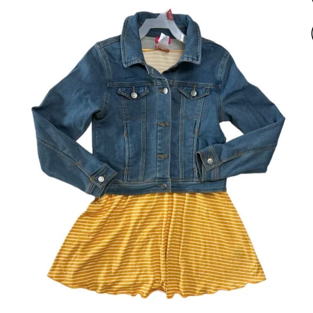 Zunie Girls Blue Denim‎ Jacket Mustard Yellow Skater Dress Set 14 16 xl 423
